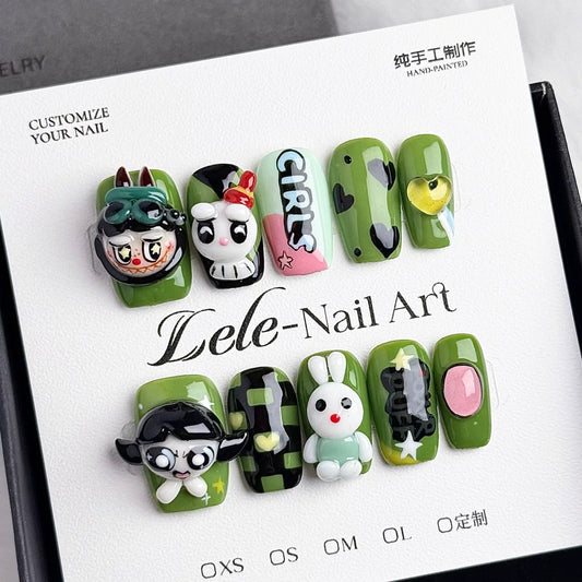 Green & Black Labubu press on nail