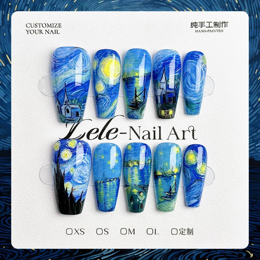 Van Gogh starry sky press-on nail art.