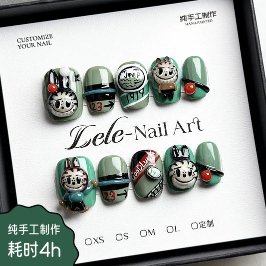 Green labubu press on nail